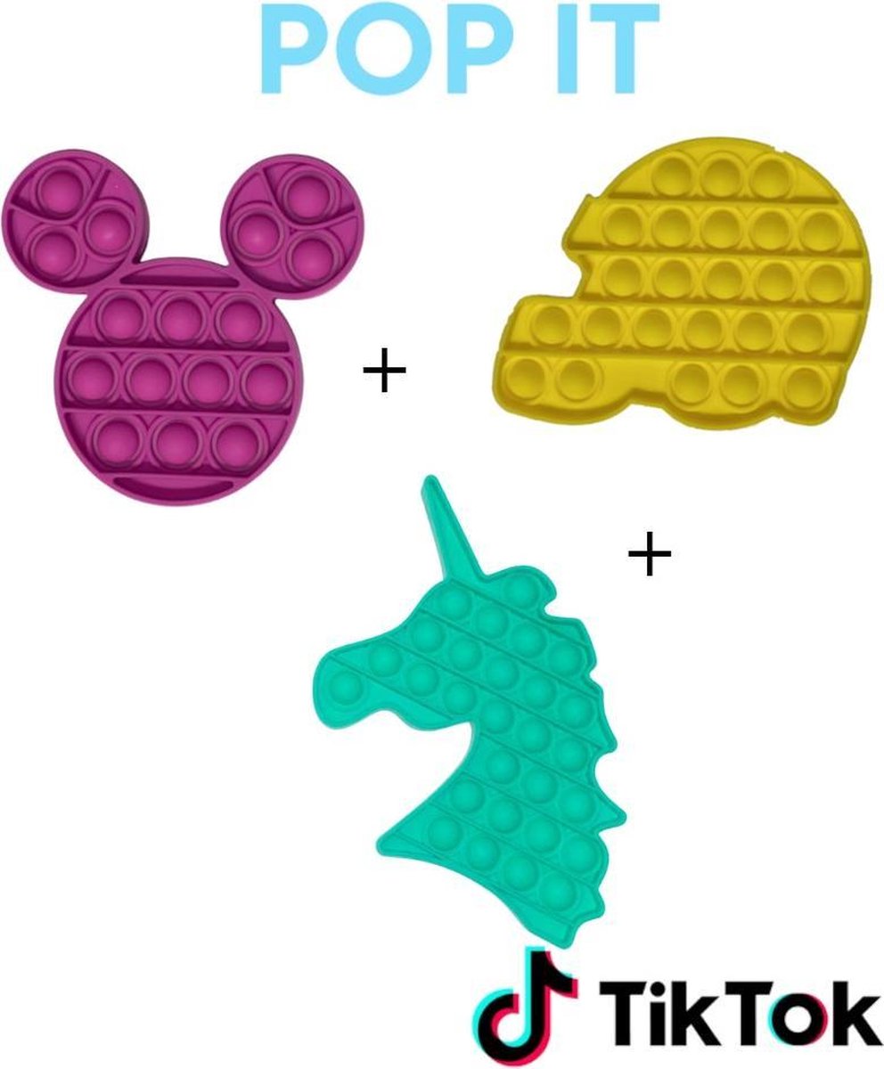 Pop it fidget toys (pakket) Set: van 3 Unicorn Eenhoorn groen + Micky mouse Paars + Schilpad geel | Tiktok trend | Bubbel pop | Educatief | Anti stress | Trent 2021 | Stressknopjes | Meisjes √ jongens √ volwassenen | Verjaardag cadeau